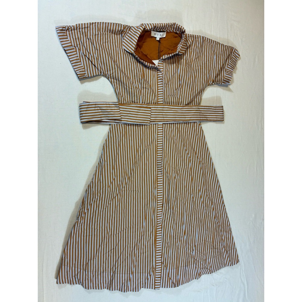 NWT BURU Striped Button Down‎ Midi Shirt Dress with Belt Orange White Small